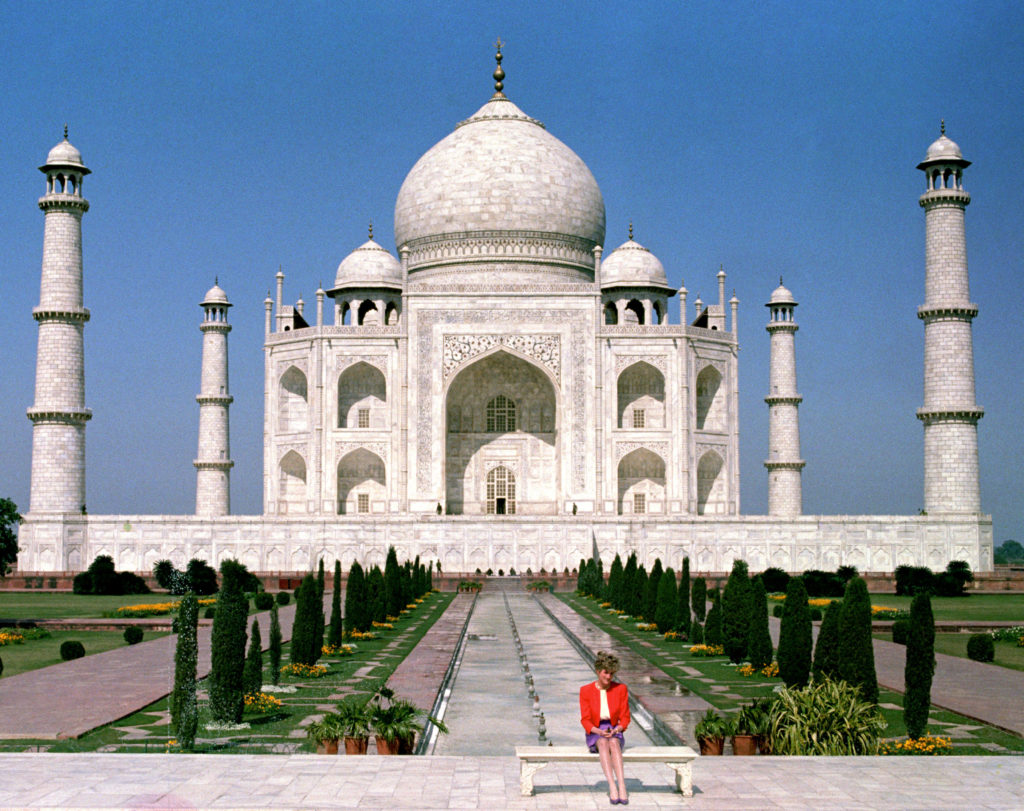 The Princess of Wales sitting alone in front of the monument to love, the Taj Mahal, during a royal tour of India in 1992. Picture by Martin Keene, PA